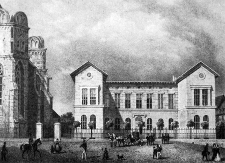 Die von Peter David Krukenberg 1840 neu erbaute Klinik. Abb. aus: 250 Jahre Universit&auml;t Halle / Streifz&uuml;ge durch ihre Geschichtein Forschung und Lehre. Max Niemeyer Verlag, Halle (Saale) 1944