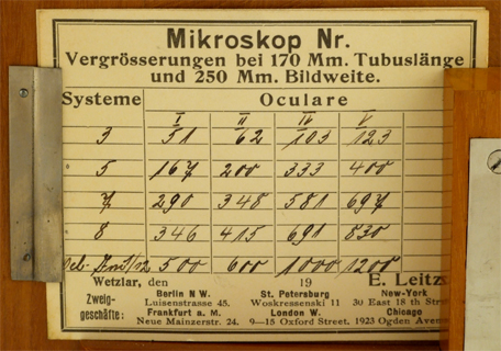 E. leitz Wetzlar: Mikroskop Stativ C No. 117298: Vergr&ouml;&szlig;erungstabelle