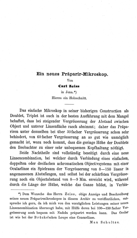 Carl Zeiss: Ein neues Pr&auml;parir-Mikroskop. Archiv f&uuml;r Mikroskopische Anatomie; VI, 1870, 234-236