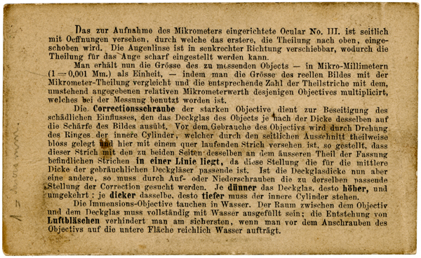 Vergr&ouml;sserungstabelle von Mikroskop E. Gundlach Berlin Nr. 385