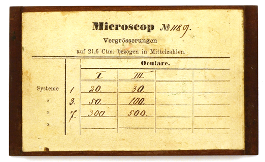kleines Mikroskop von E. Leitz in Wetzlar No. 1189: Vergr&ouml;&szlig;erungstabelle