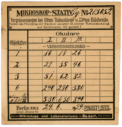Polarisationsmikroskop SY Ernst Leitz Wetzlar Nr. 213052: Vergr&ouml;&szlig;erungstabelle