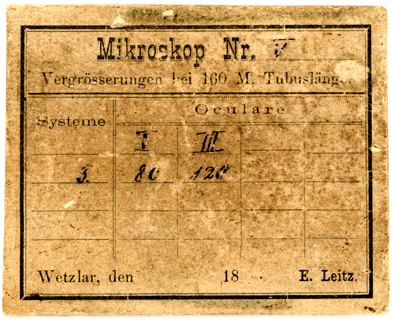 Vergr&ouml;sserungstabelle von Mikroskop Ernst Leitz Wetzlar No. 2977