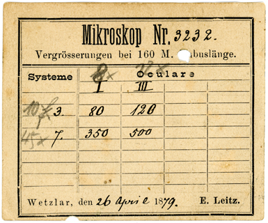 Vergr&ouml;sserungstabelle Leitz Mikroskop Nr. 3232