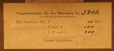 Teschner Patent-Trichinenmikroskop #5246: Vergr&ouml;&szlig;erungstabelle