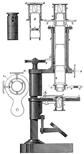 Mikroskop nach Rosenbusch-Fuess; Abb. aus: Dr.L.Loewenherz: Bericht &uuml;ber die Wissenschaftlichen Instrumente auf der Berliner Gewerbeausstellung im Jahre 1879; Berlin 1880