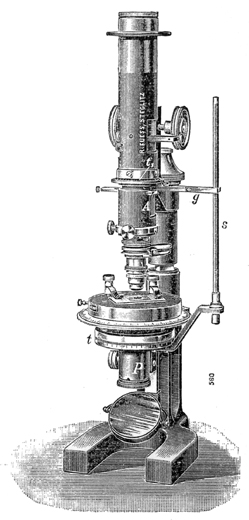 Mikroskop mit gemeinsamer Nicoldrehung in vereinfachter Form von R. Fuess Berlin-Steglitz. Abb. aus: Zeitschrift f&uuml;r Krystallographie und Mineralogie; Leipzig 1910; S. 378