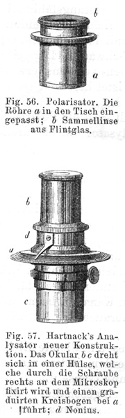 Analysator und Polarisator von Hartnack; Abbildung aus: Das Mikroskop und die mikroskopische Technik; Heinrich Frey; 8. Auflage; Verlag von Wilhelm Engelmann; Leipzig 1886 