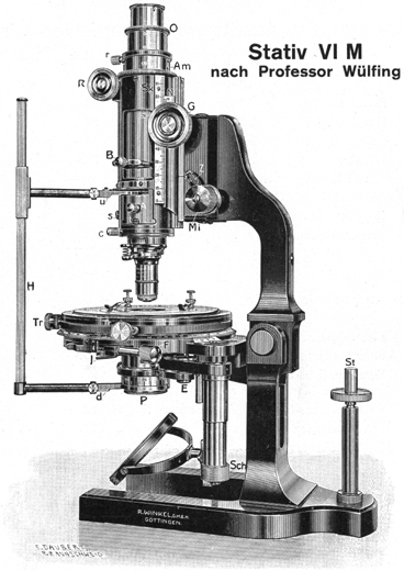 Neues Polarisationsmikroskop nach W&uuml;lfing, Abb. aus: R.Winkel G.m.b.H. Optische und mechan. Werkst&auml;tten G&ouml;ttingen - Winkel-Zeiss: Stativ VI M nach Professor W&uuml;lfing; Druckschrift Nr. 254; Halle ca. 1923 