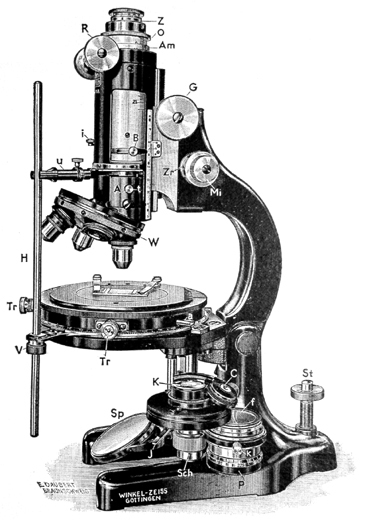 Stativ VI von Winkel-Zeiss, Abb. aus: R.Winkel G.m.b.H. Optische und mechanische Werkst&auml;tten G&ouml;ttingen - Winkel-Zeiss: Polarisations-Mikroskope und Nebenapparate; Druckschrift Nr. 50; G&ouml;ttingen ca. 1935