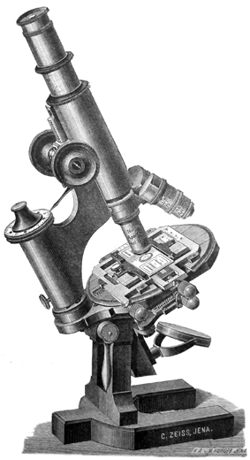 Zeiss Mikroskop Stativ Ia. Abb. aus: Carl Zeiss Jena, Optische Werkst&auml;tte: Microscopes et Appareils Accessoires; No. 28; Jena 1889