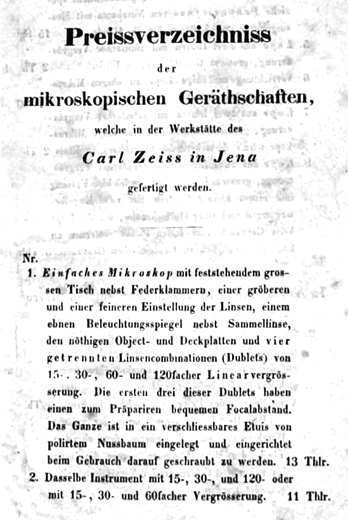 Preissverzeichniss der mikroskopischen Ger&auml;thschaften welche in der Werkst&auml;tte des Carl Zeiss in Jena gefertigt werden (1849), Seite 1