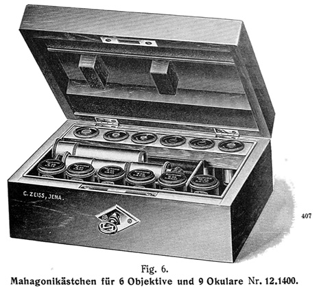 Carl Zeiss Jena, Mahagonik&auml;stchen. Abb. aus: Carl Zeiss Jena Optische Werkst&auml;tte. Mikroskope und Nebenapparate, Katalog Nr. 29, 1891